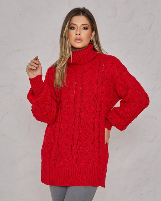 Women's Oversized Knitted Turtleneck Sweater Red