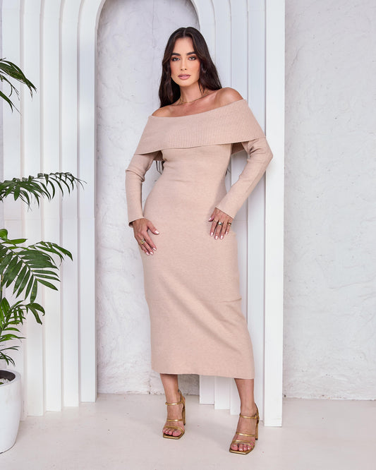 Midi Dress Off Shoulder Neckline Beige